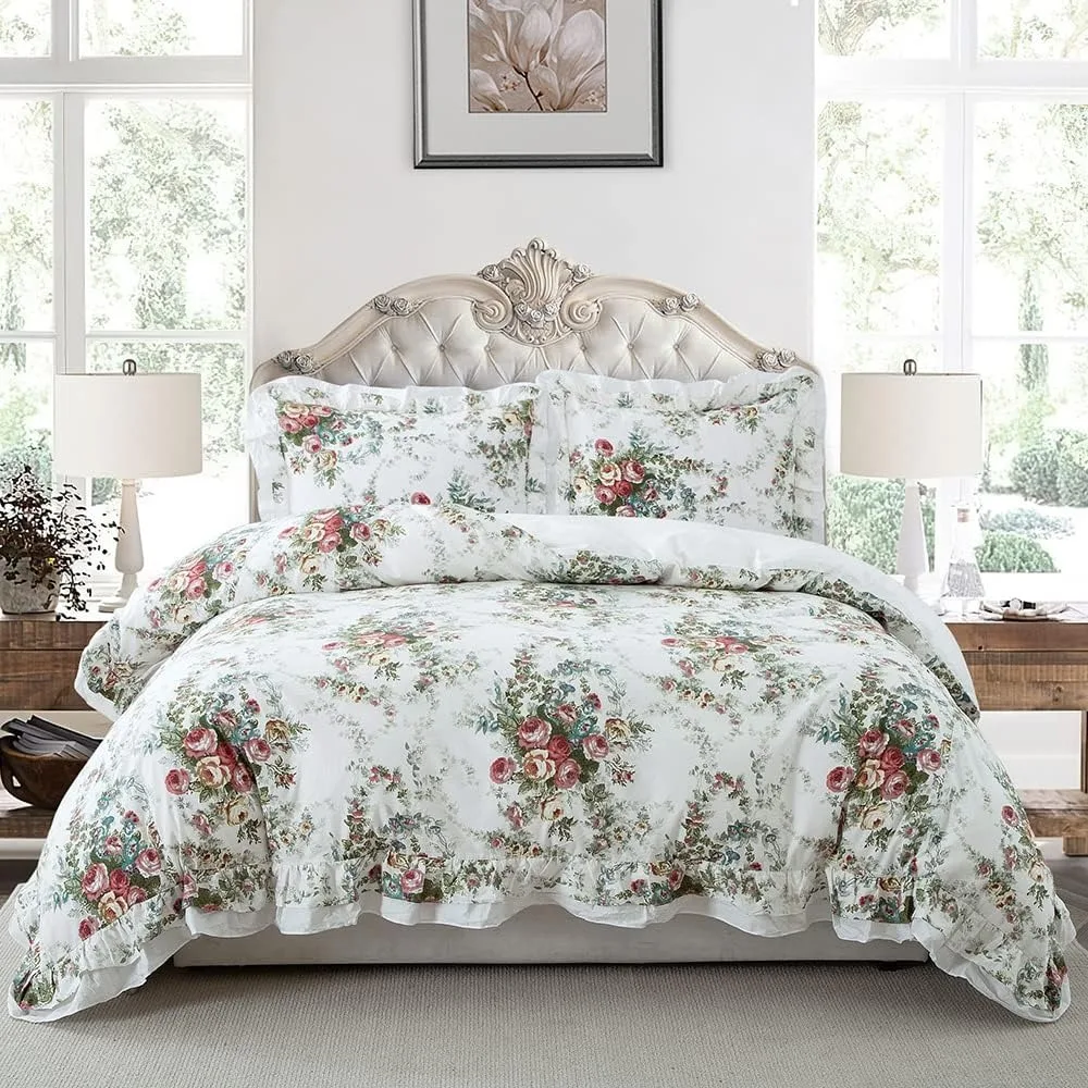

100% Cotton Duvet Cover Set, Shabby Rose Printed Ruffled Duvet Cover ，Easy Care，Bedding Duvet Cover Set