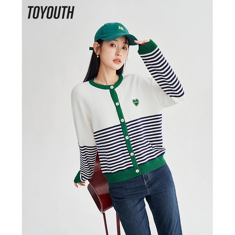 Toyouth 여성용 니트 가디건 2023 봄 긴팔 O넥 루즈 스웨터, 버튼 클래식 스트라이프, 부드러운 캐주얼 시크 탑