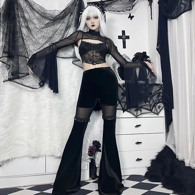 Fall Pants Dark Mesh Patchwork Slim Slim High-waisted Bell Bottoms Casual Pants
