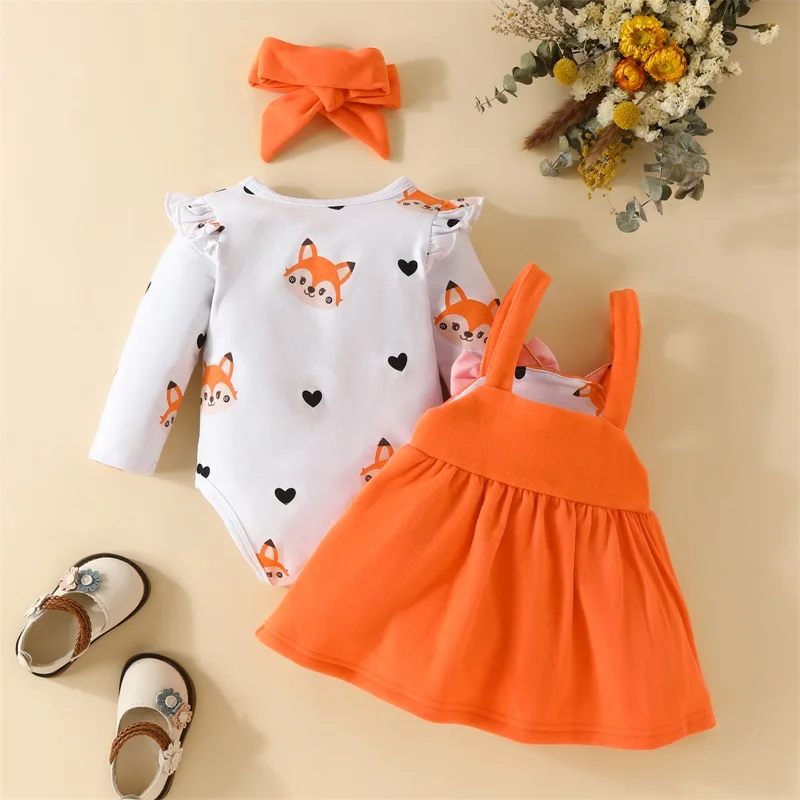 

ZZLBUF Newborn Infant Baby Girl 3Pcs Outfits Long Sleeve Romper Top Fox Print Suspender Skirt Headband Set Dress Fall Clothes
