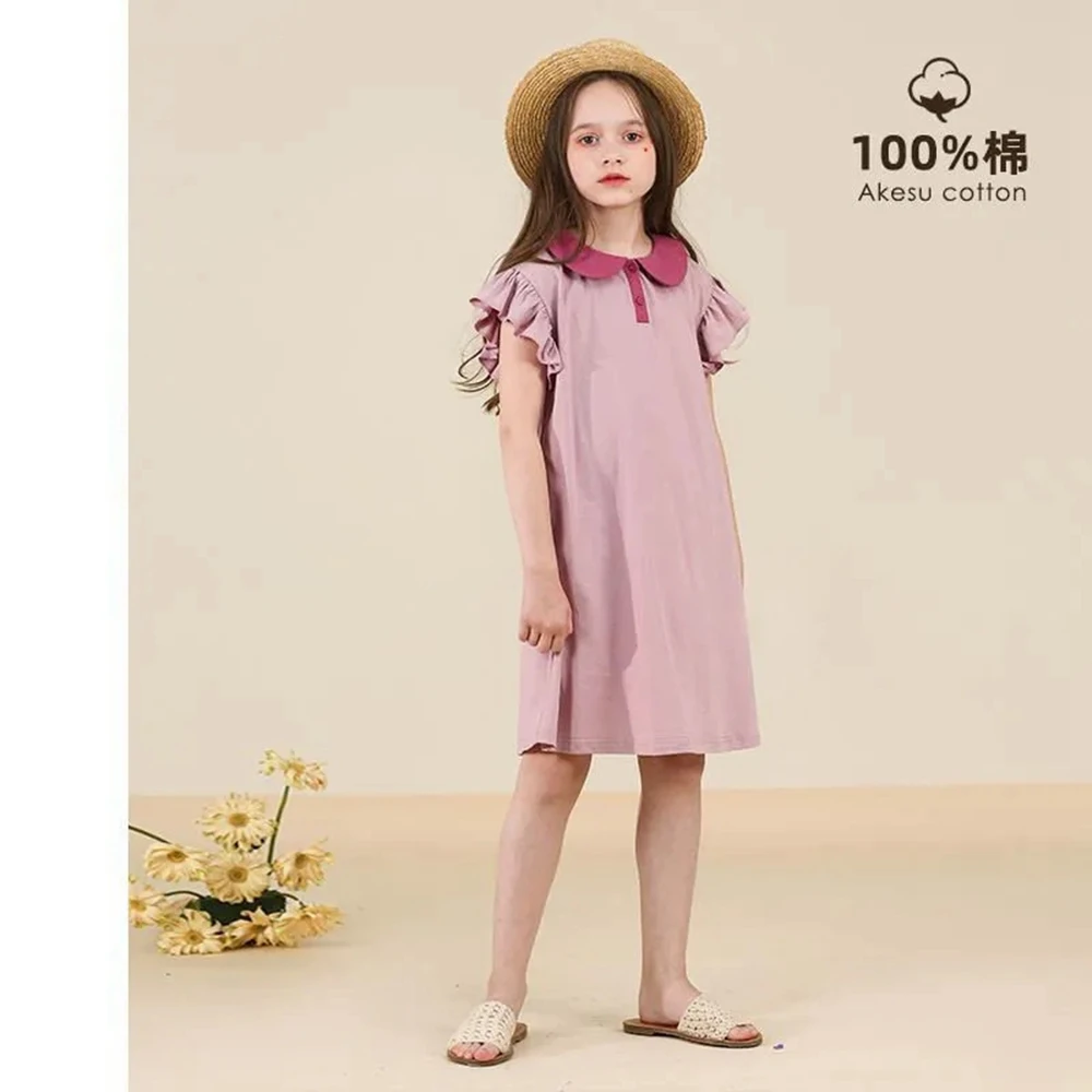 

Летнее платье для девочек с коротким рукавом и воротником-поло, Детские милые платья для девочек, хлопковое повседневное свободное платье для малышей 6, 8, 10, 12