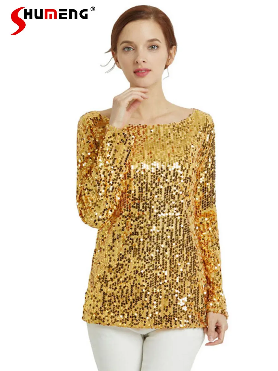 

2022 Spring Autumn New Long Sleeve Bling Glitter Slimming T-shirt Women Loose Slimming Sequined Tshirt Top Nightclub Female