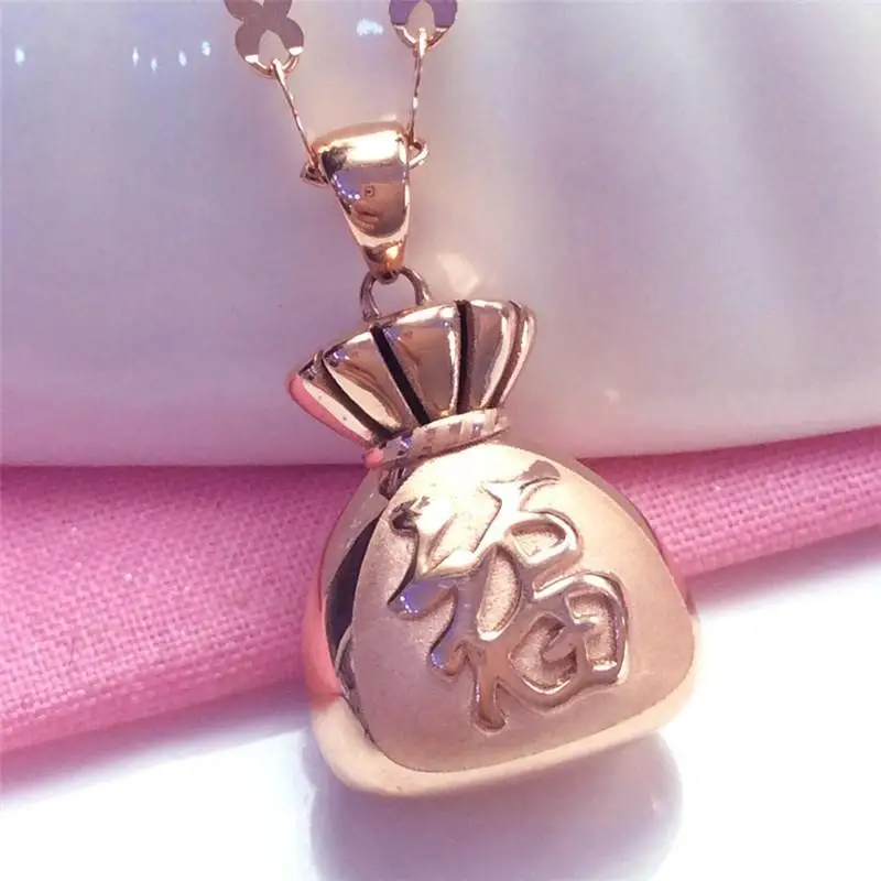 

585 Purple Gold Plated 14K Rose Gold Fu Character Geometric Pendant Neckalce for Woman Charm Chains Chinese Style Party Jewelry