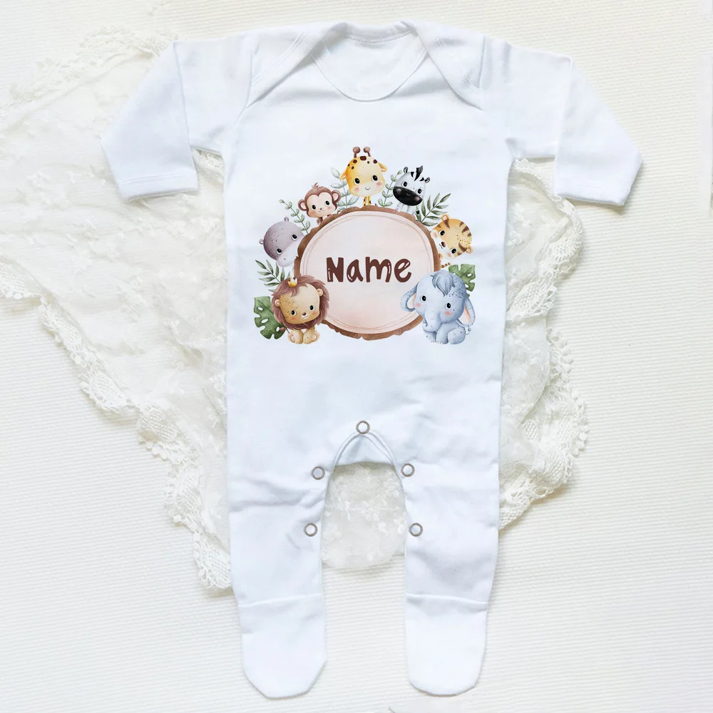 Baby Clothes Baby Sleepsuit Personalised Baby Babygrow Sleepsuit Safari Animals Wreath Infant Sleepsuit Boys Girls Clothes Newborn Coming Home Outfits