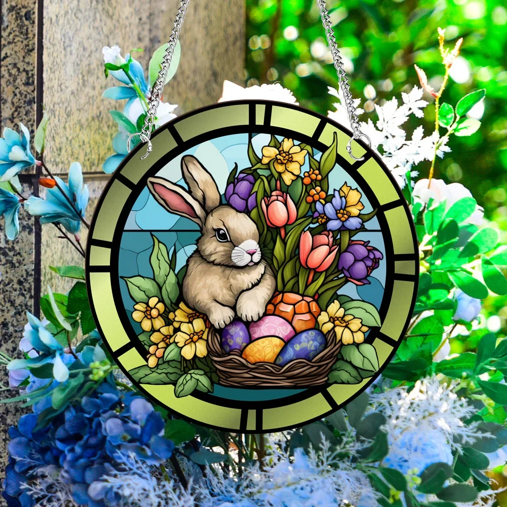 Happy Easter Rabbit Flower Acrylic Hanging Decoration Stained