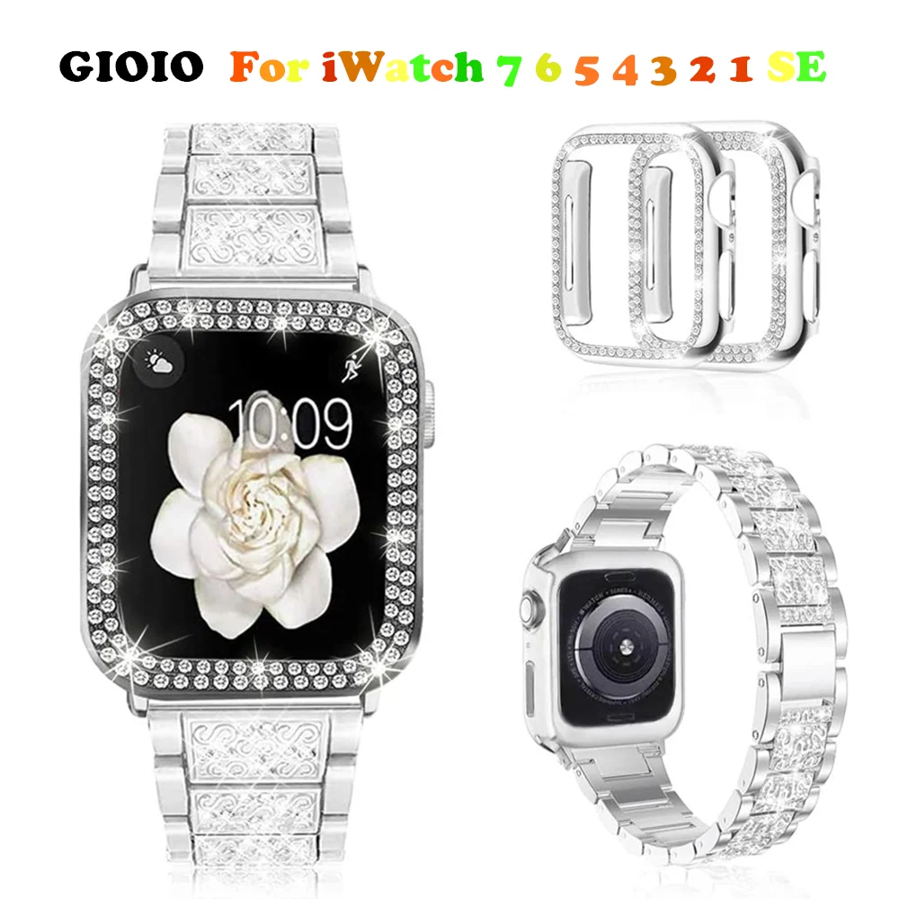 For Apple Watch Band 45mm With Case Ladies Diamond Metal Strap For iWatch 7 6 5 4 3 2 SE With For 44mm 42mm 41mm 40mm 38mm Cover
