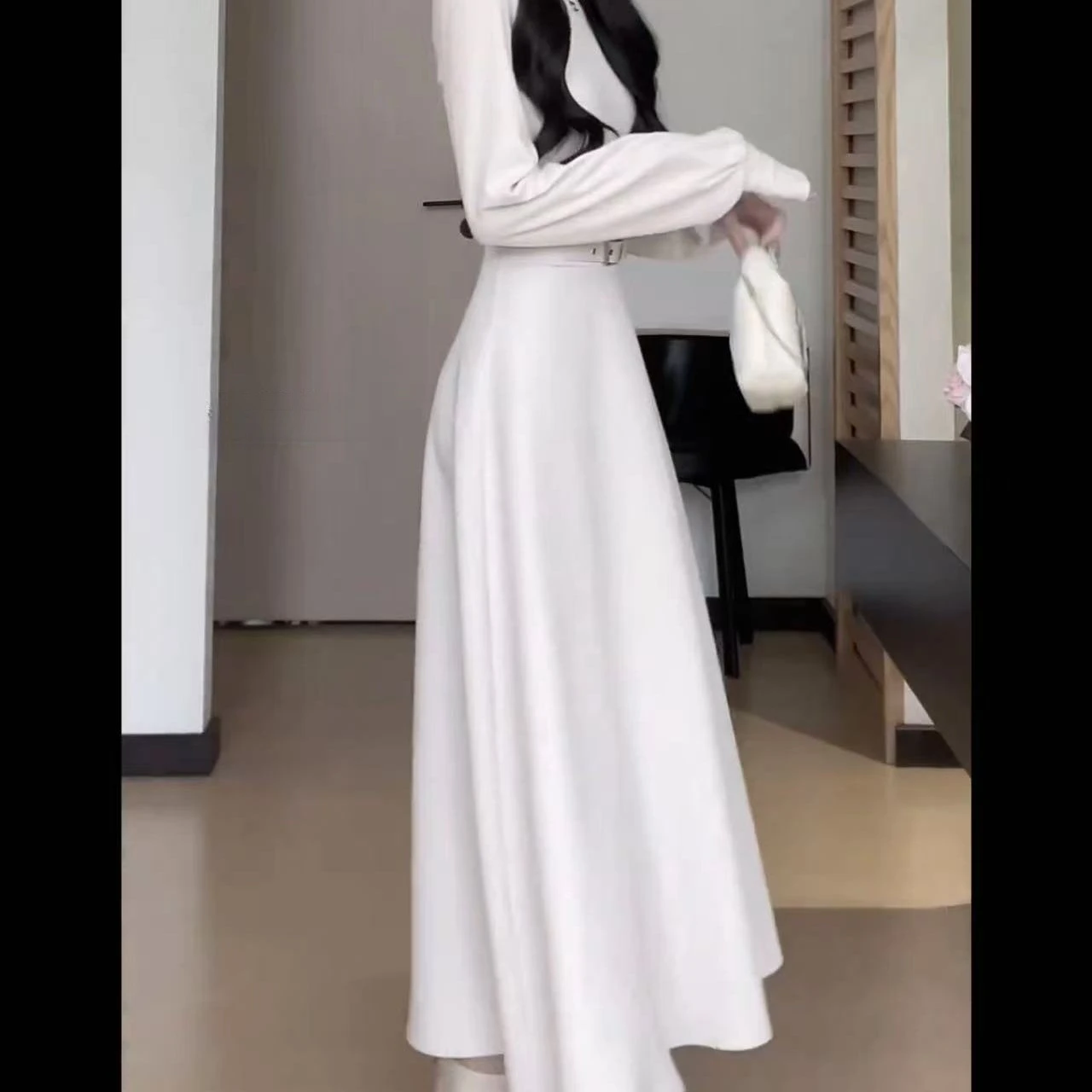 Temperamento Chic Autunno Inverno Nuovi abiti Donna Dolcevita solido Fusciacche Corsetto Stile Hepburn Moda Abiti lunghi con maniche a lancio 6