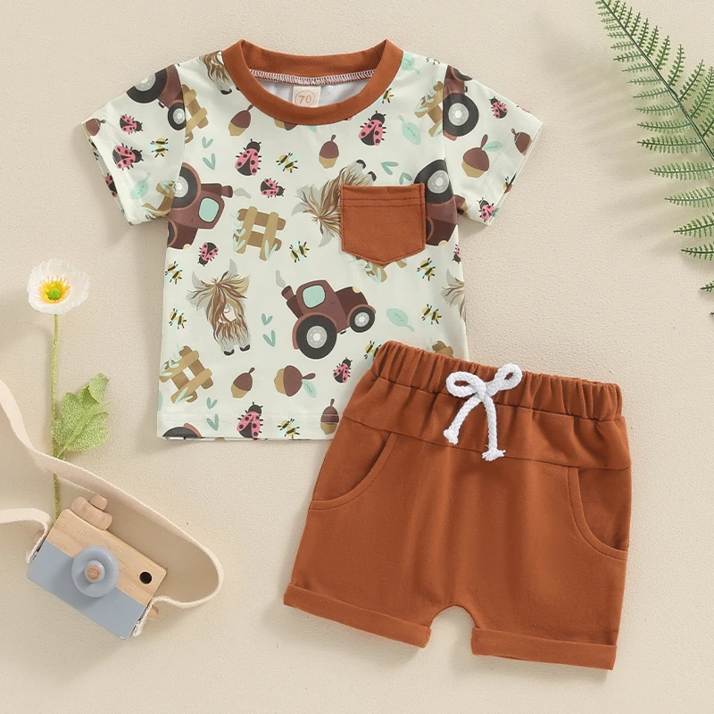 Baby Boy Summer Outfits Animal Farm Print Short Sleeve t-shirt and Elastic Waist Shorts Sets Toddler Boys Clothes Casual