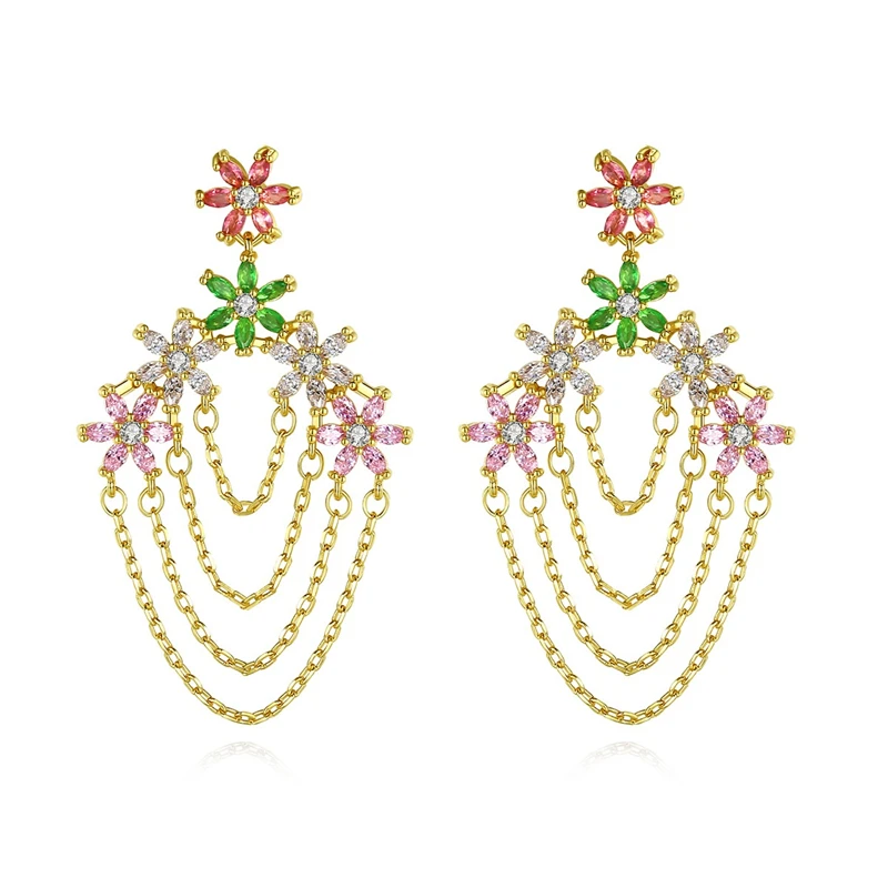 

Colorful Zircon Crystal Flower Chain Tassel Earrings Gold Plated Five Petal Flower Earrings for Women Party Wedding Jewelry