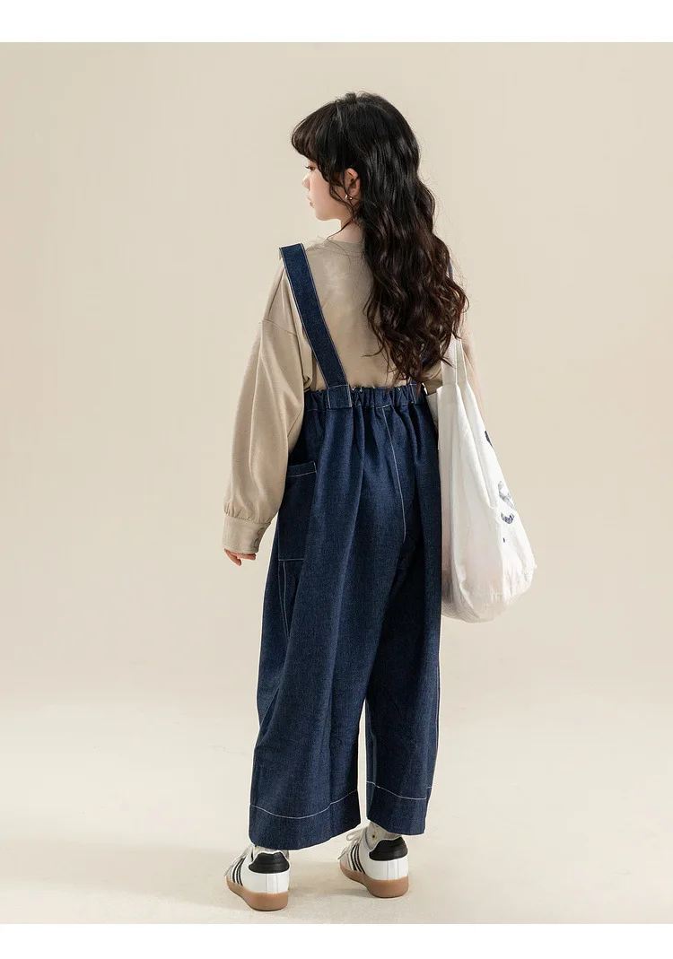 Denim Overalls  Teenager Girls Romper Jumpsuit Fashion Dark Navy Blue Loose Casual Squareneck School Kids Jumpsuit Elastic Waist Spring Children Rompers Jumpsuits Pants 12 13 14 Years Child’s Dungarees