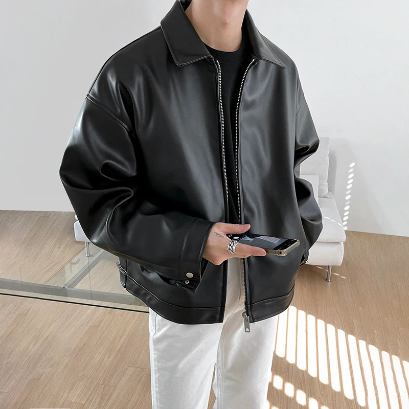

2022 Spring Autumn New Korean Chic Zipper PU Leather Jacket Men's Black Lapel Coats Male Chic Faux Leather Casual Outwear W66