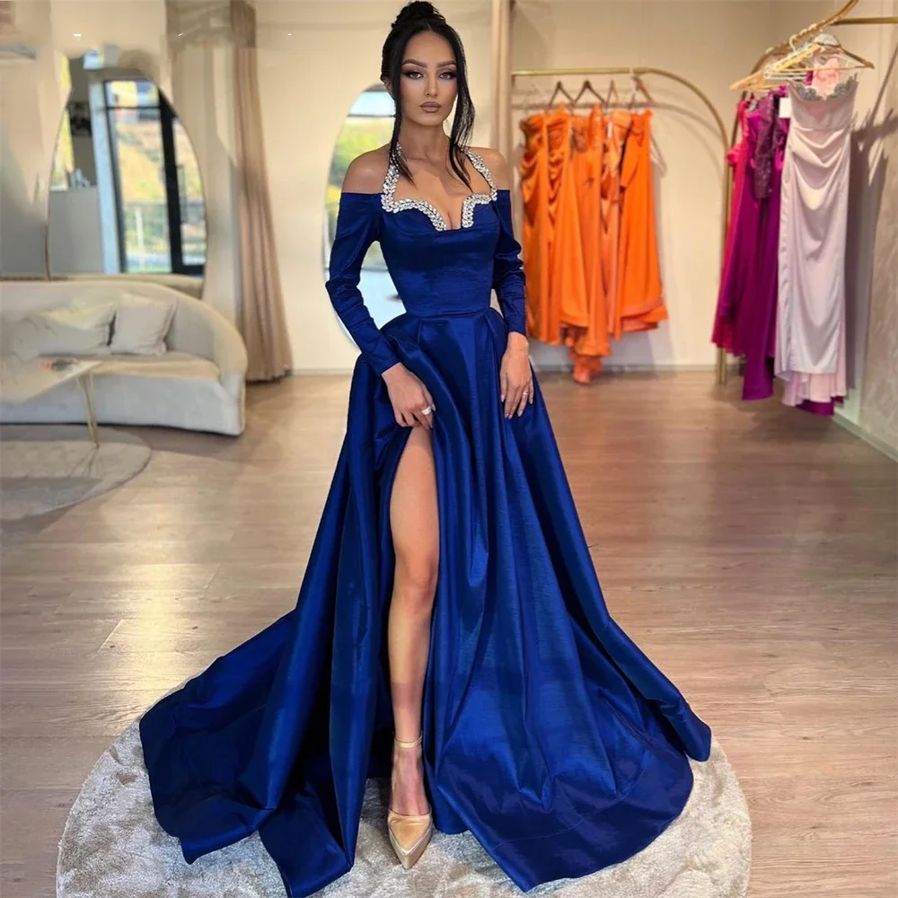 

Royal Blue Glitter Formal Evening Dresses Beadings Halter A-Line High Side Slit Prom Dress Pageant 2024 Party Gowns