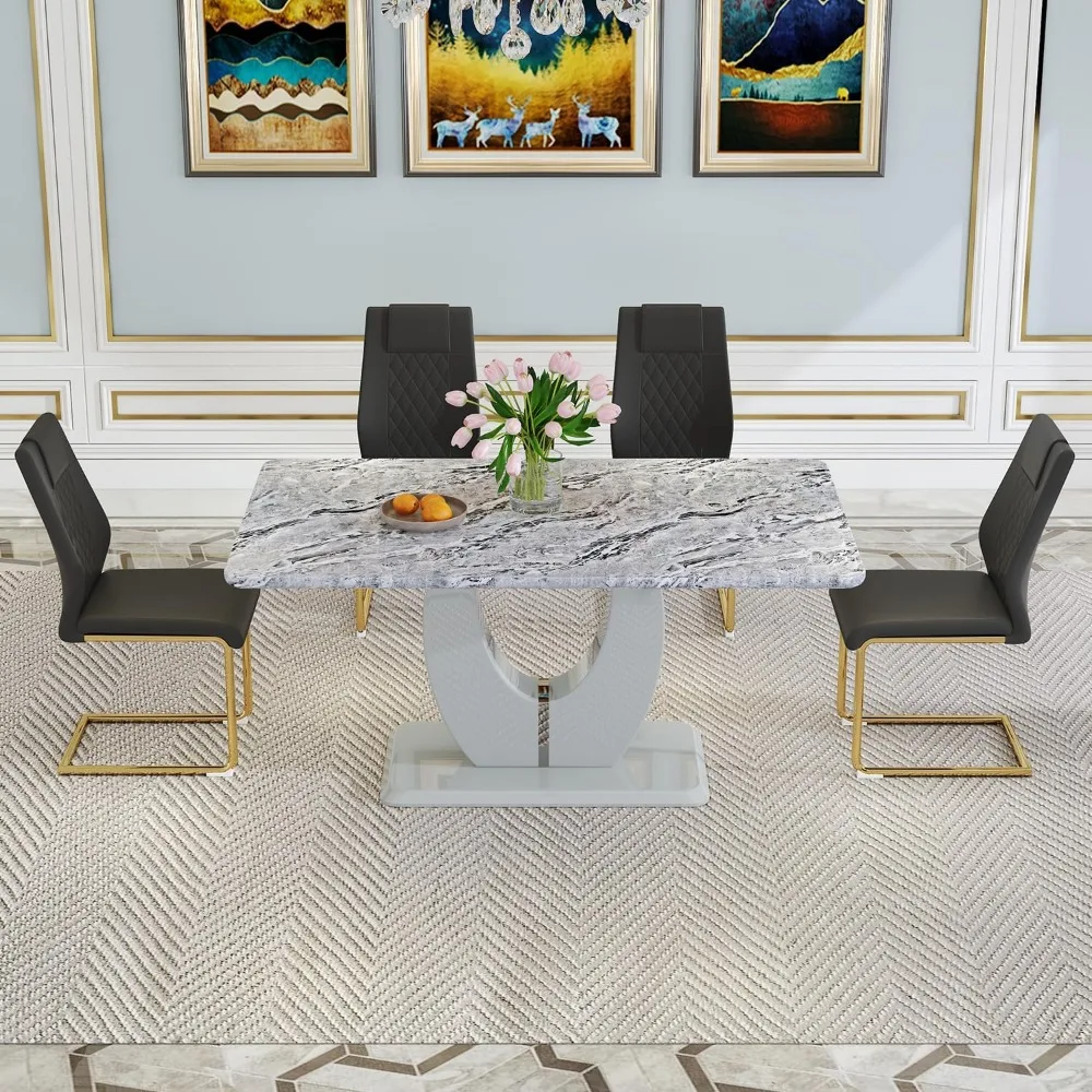 Modern Dining Table Set Rectangula Kitchen Table Set with Faux Marble Tabletop＆ Pu Leather Upholstered Chairs Ideal for  Kitchen 5