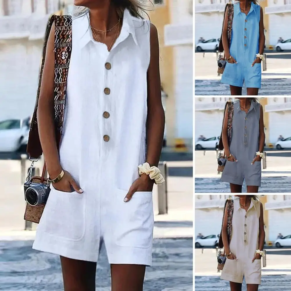 

Lady Short Jumpsuit Stylish Women's Summer Romper with Turn-down Collar Side Pockets Sleeveless Design Loose Fit for Casual
