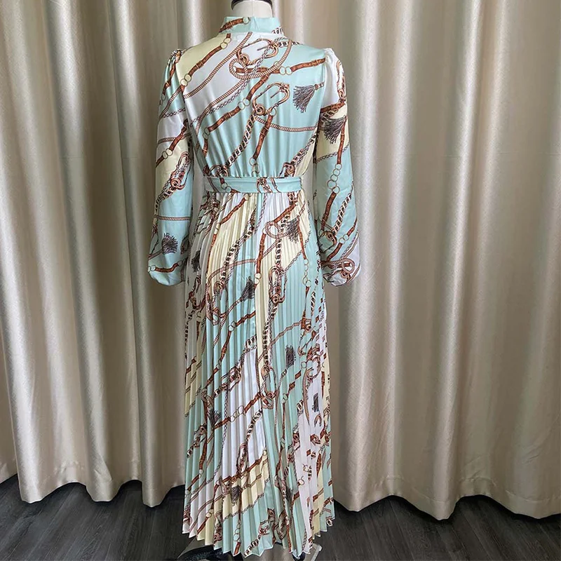 Temperament Printing Half Open Collar Bandage Long Sleeve Lady Elegant Pleated Pullover Mid Waist Plus Size Floor-Length Dresses
