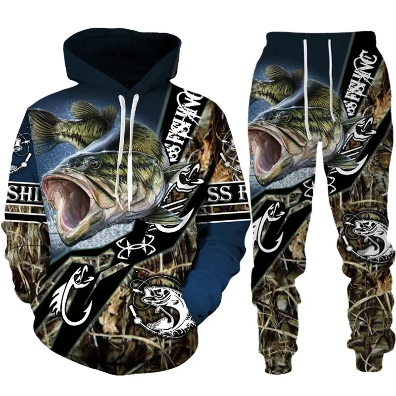 Tuta Uomo Con Stampa 3D Pesce - Felpa Con Cappuccio E Pantaloni Sportivi In Poliestere Per Autunno/Inverno - 2
