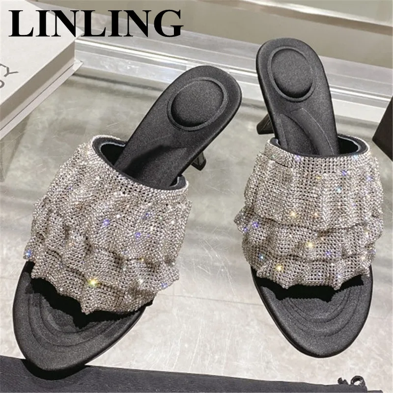 

Luxury Rhinestone Slippers For Women Sexy Ladies Designer High Heel Dress Women Shoes Bling Crystal Slippers Party Sandals Woman