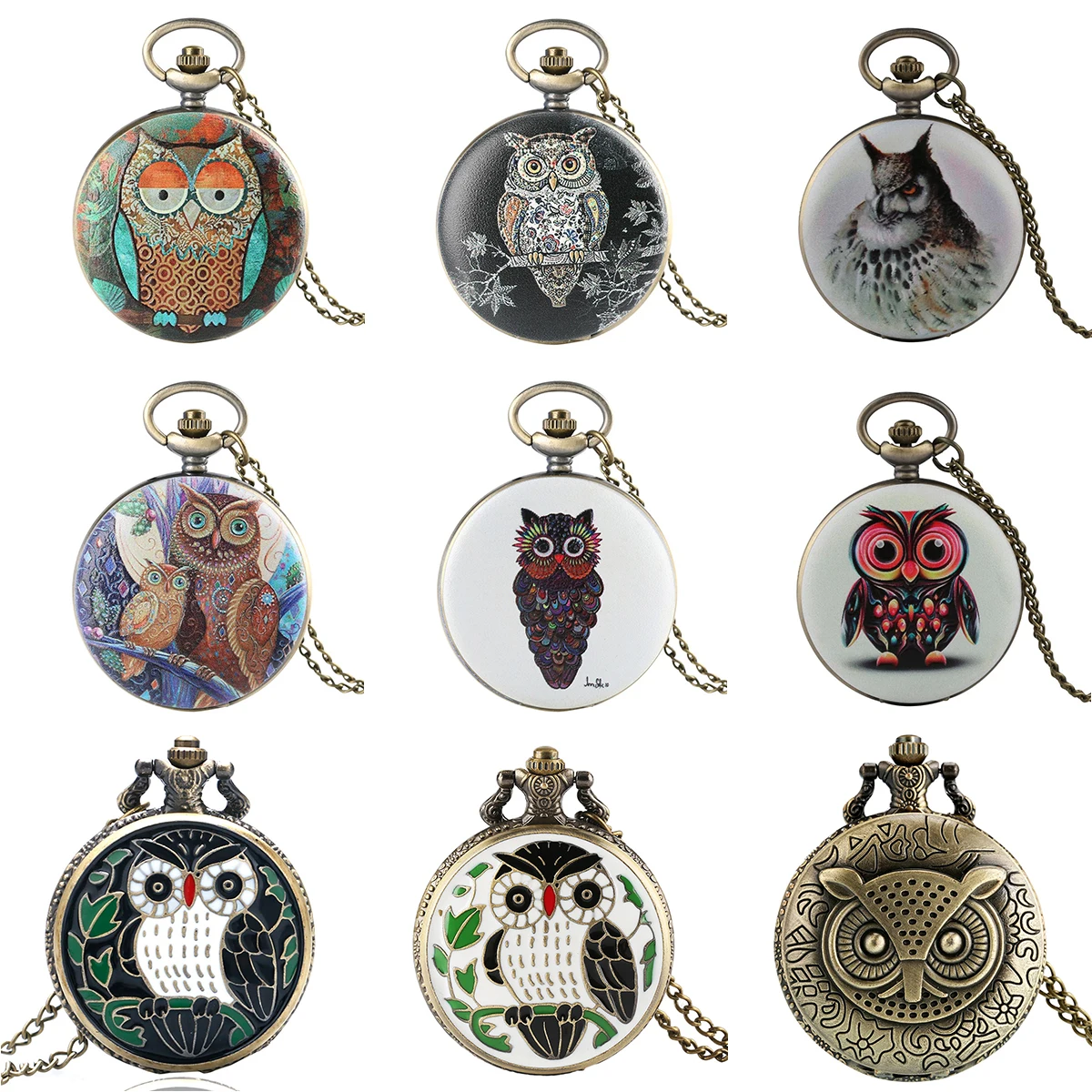

Vintage Stylish Owl Display Full Hunter Quartz Necklace Watch Arabic Numerals Dial Antique Lovely Pendant Pocket Timepiece Gift