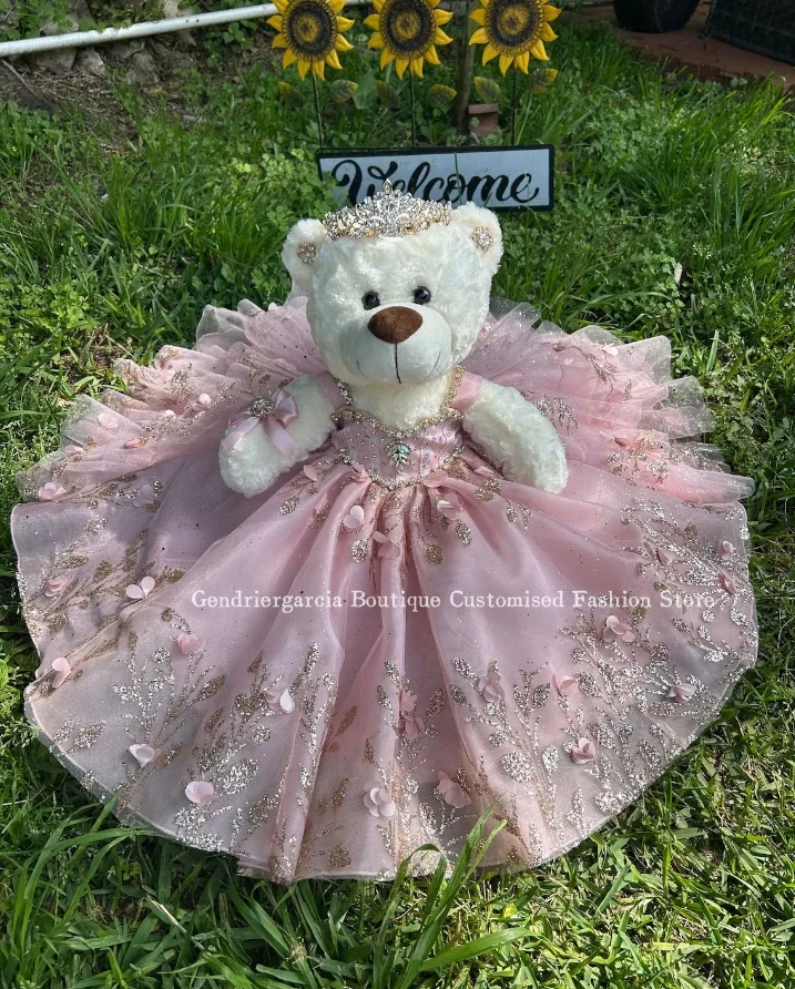 Luxury Baby Pink Quinceanera Teddy Bear Dress Glitter Mexican 3D Floral Embroidered Applique Quinceanera Dress Customised