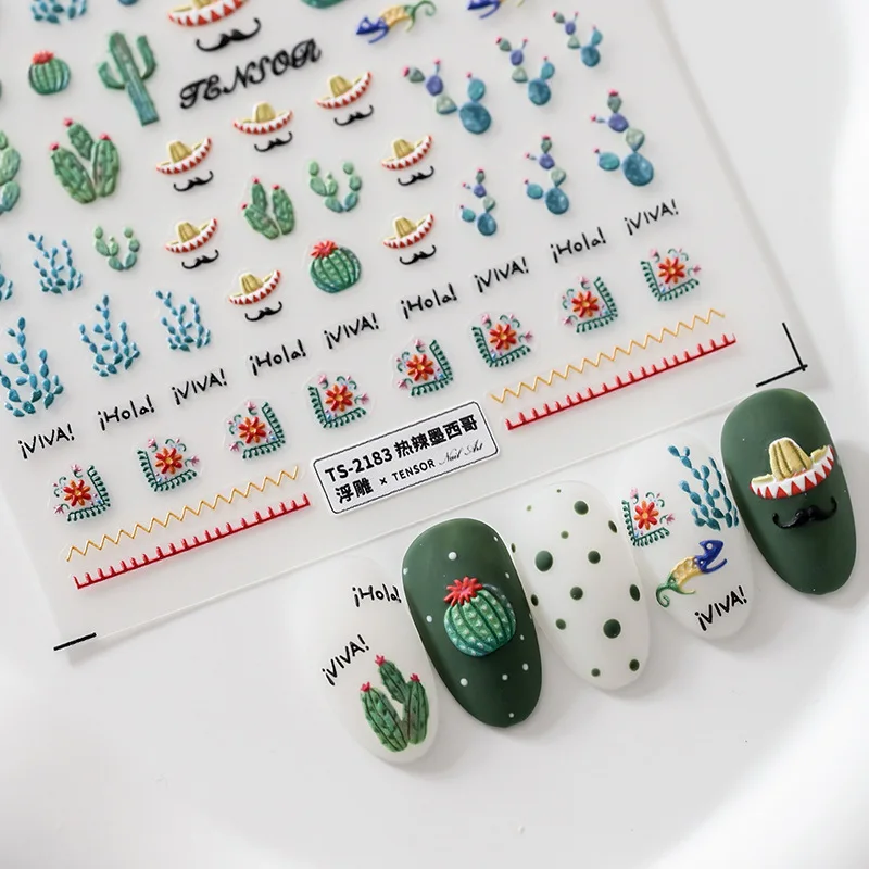 1 Sheet 5D Realistic Relief Green Cactus Mustache Straw Hat Hot Mexico Life Adhesive Nail Art Stickers Decals Manicure Charms