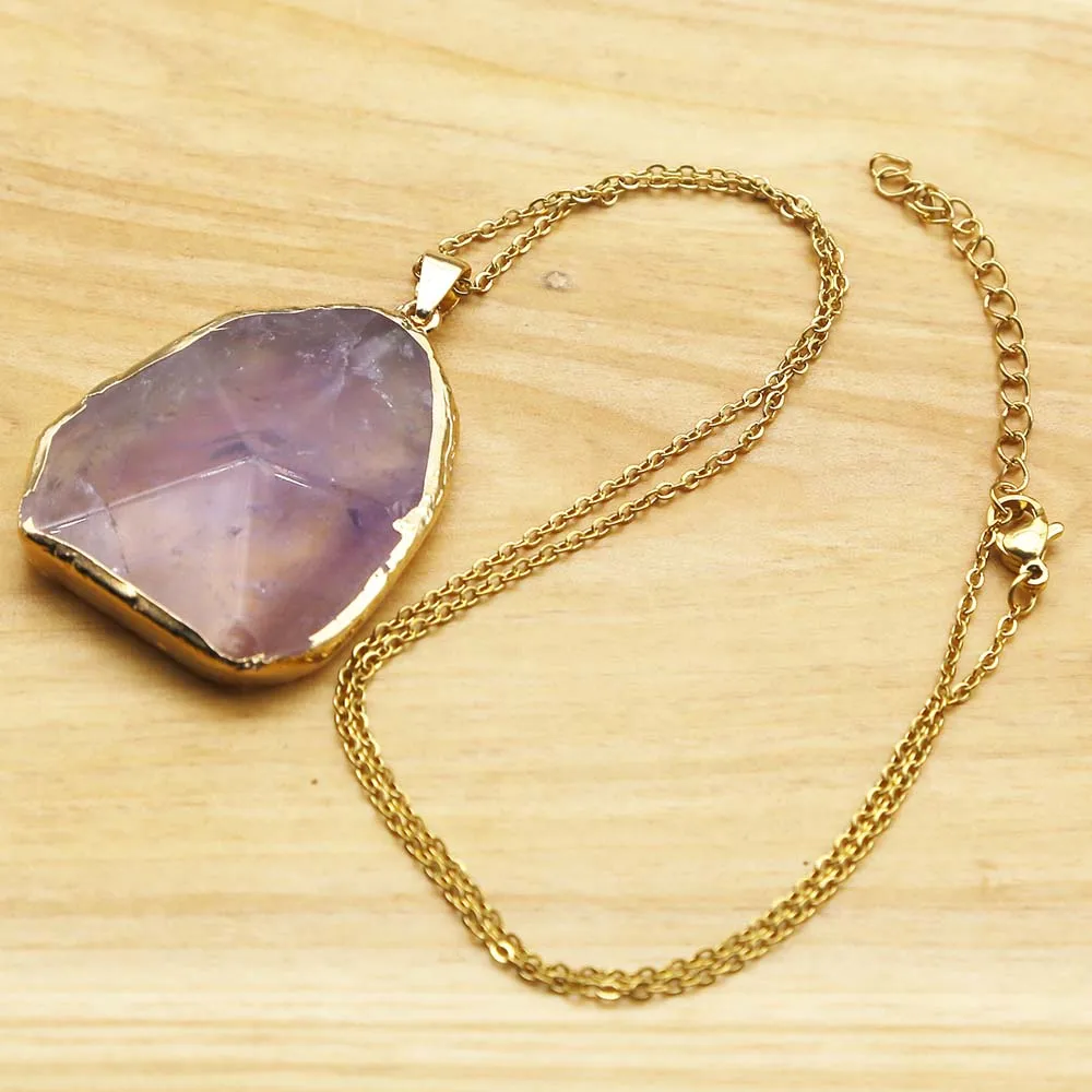 Quality Natural Amethyst Irregular Gold Plated Edge Necklace Pendant Stainless Steel Gold Chain Fashion Charms Jewelry Gift 4Pcs