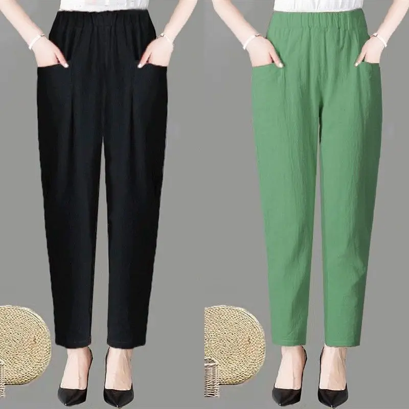 Large Size Korean Casual Thin Cotton Linen Pants Women Spring Summer Elastic Waist Ankle-Length Pants Woman Harem Trousers