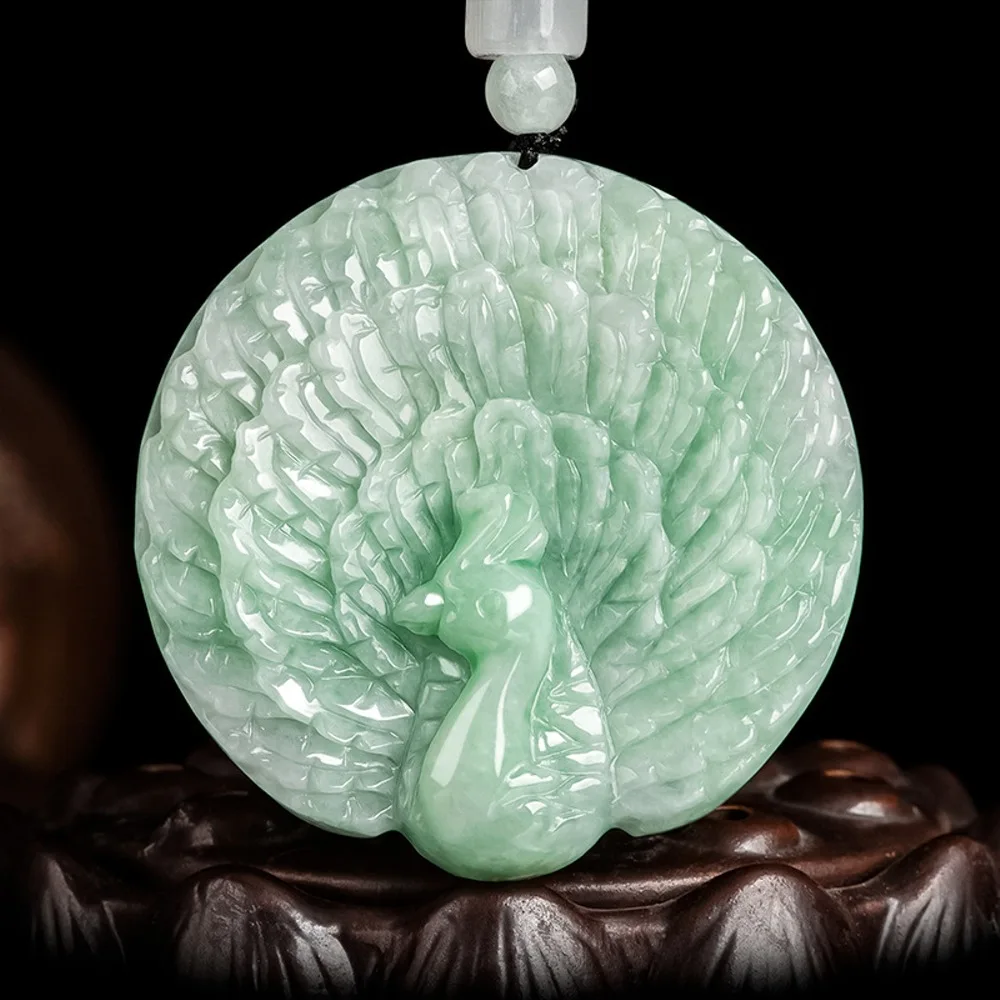 

Natural Grade A Jade Jadeite Men Women Gift Lucky Carved Peacock Round Pendant