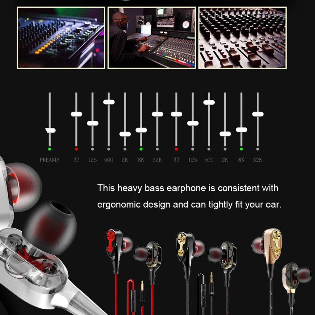 

Earphone Wired HiFi Headphone Heavy Bass In-ear Type Headset Dual Moving Coil Earphone White