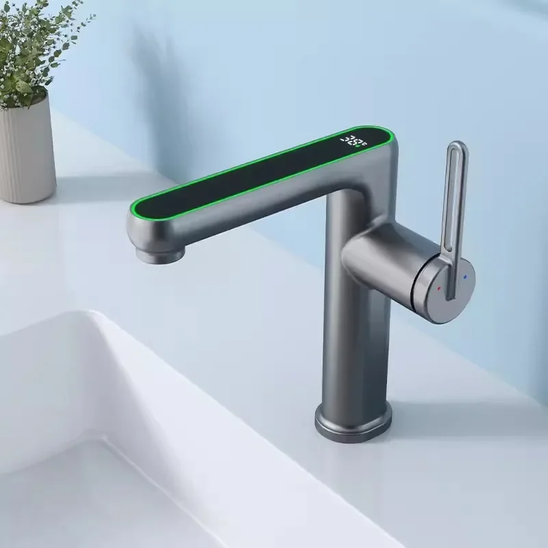 Bathroom Basin Faucet Single Lever Cold And Hot Digital Display Water Mixer Sink White Deck Mounted  Black Tap