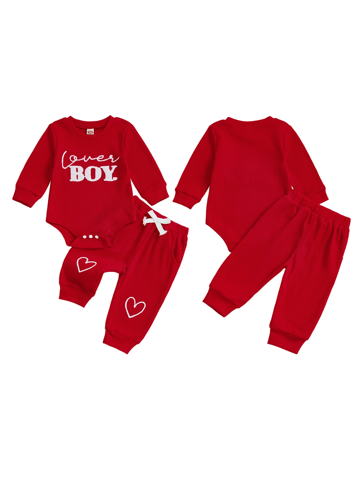Adorable Baby Boy s Valentine s Day Ensemble Stylish Long Sleeve Romper with Embroidered Letters and Matching Pants Set