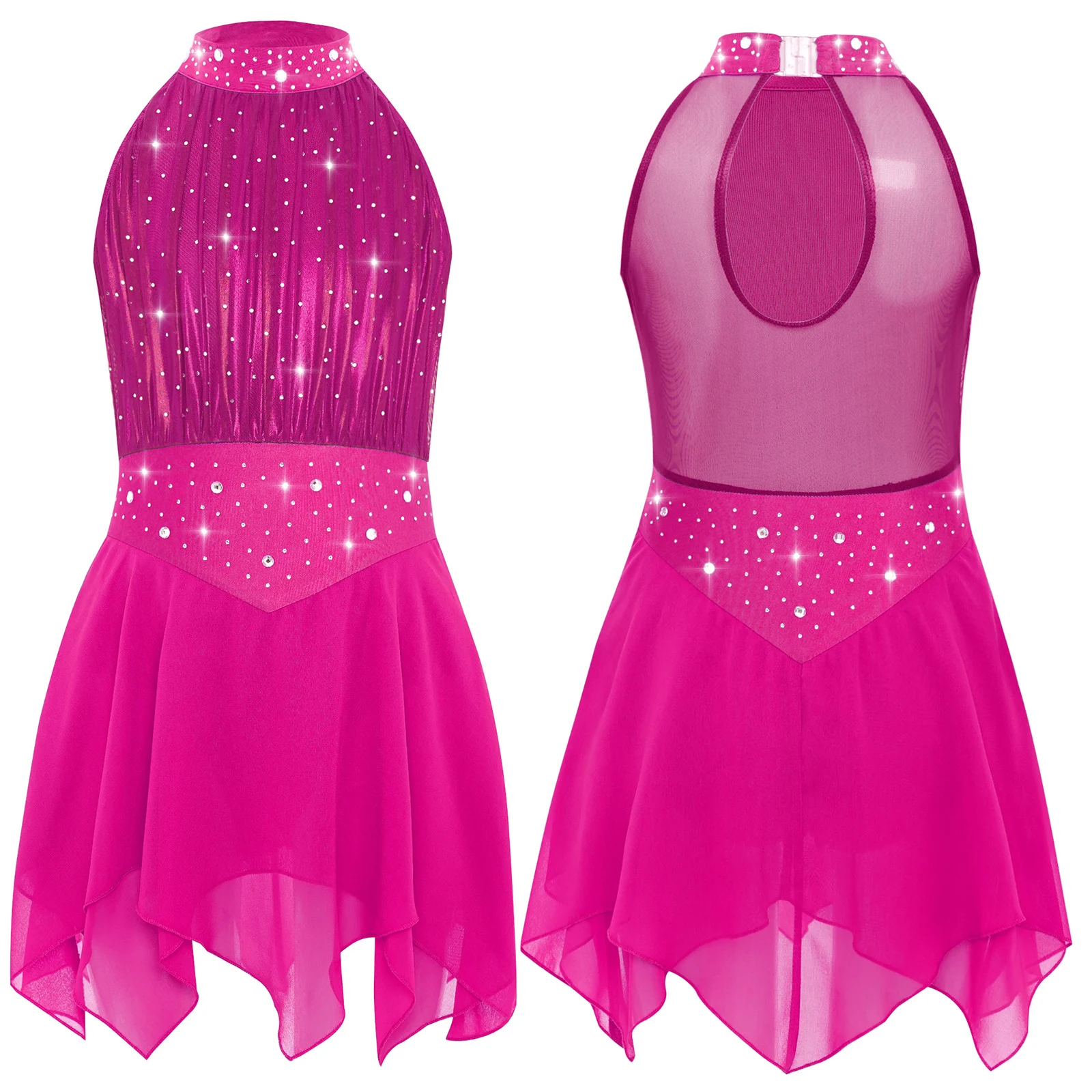 Eiskunstlauf-Kleid für Teenager-Mädchen, lyrisches Tanz-Gymnastikkleid, ärmellos, glänzende Strasssteine, durchsichtiges Netz, Chiffon-Saum, Trikot-Kleider – Detail 4