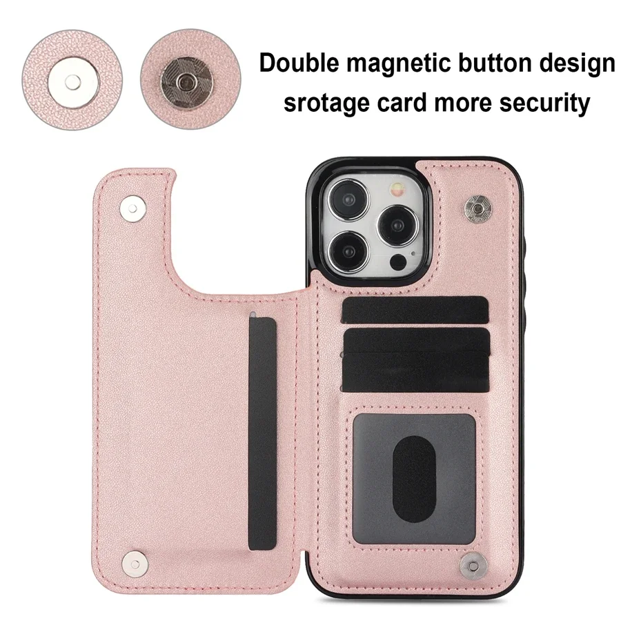 Elegant Card Slot Flip Leather Wallet Case with Double Button Closure