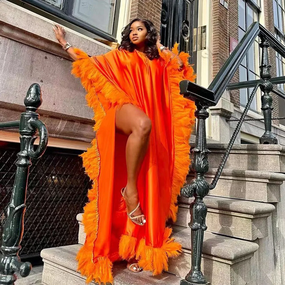 

Dashiki African Bazin Riche Dress For Women Africa Clothing Loose Feather Bat Sleeve High Slit Robe Africaine Femme Maxi Dress