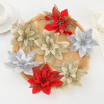 14cm Glitter Artificial Christmas Flowers Tree Ornaments DIY Flower Xmas Tree Ornaments for Home New Year Decoration Supplies 2