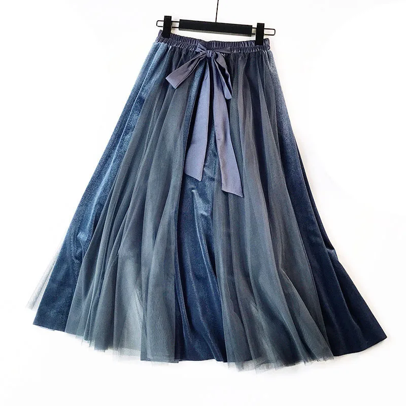 

Сетчатая Юбка со шнуровкой и бантом, трапециевидная женская элегантная юбка средней длины в стиле пэчворк с завышенной талией, плиссированная юбка в Корейском стиле, Женская юбка