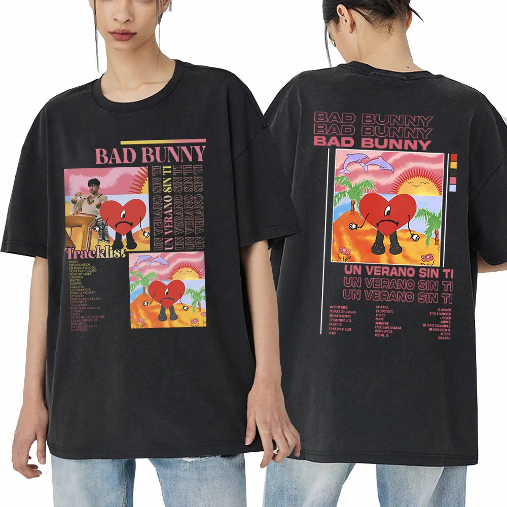 

Washed Vintage Bad Bunny Un Verano Sin Ti Album Double Sided Print Tshirt Male Hip Hop Oversized Streetwear Pure Cotton T-shirt