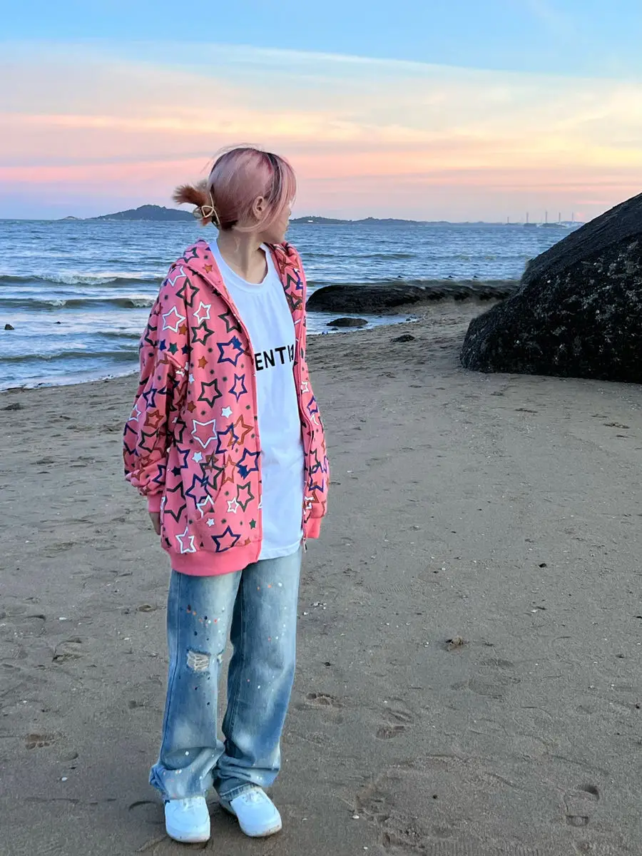 High Quality Fashion Zip Up Hoodie Star Print Hoodie Harajuku Oversized Grunge Vintage Sweatshirt Spring Autumn Y2k Jacket