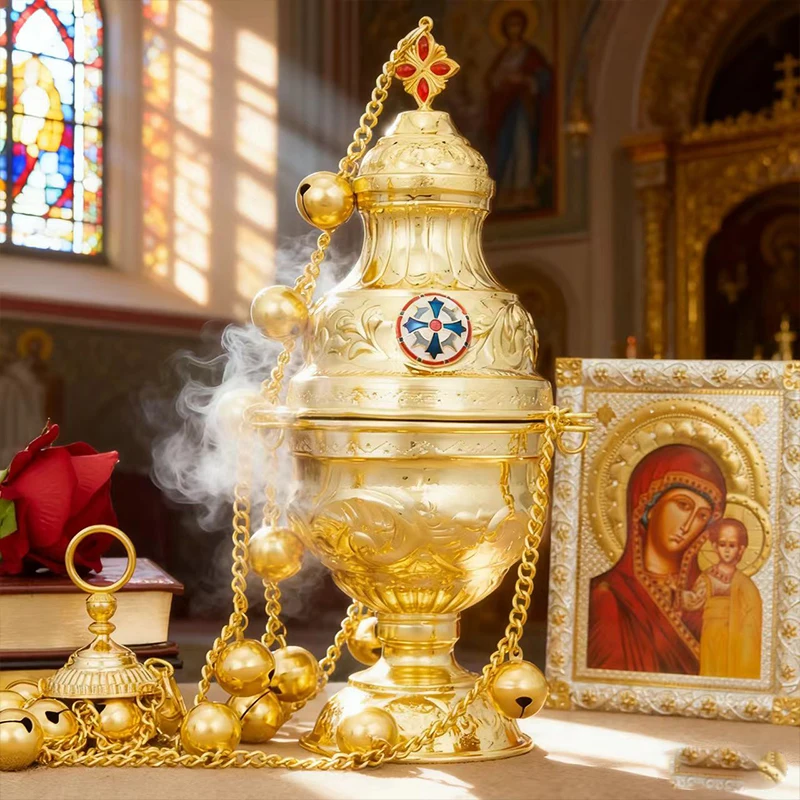 Neuer Orthodoxer Weihrauchbrenner mit Kette und Glocken, Zinklegierung, vergoldet, für Kirchenaltäre, Zeremonien, mit traditionellem Design, Geschenk – Detail 5