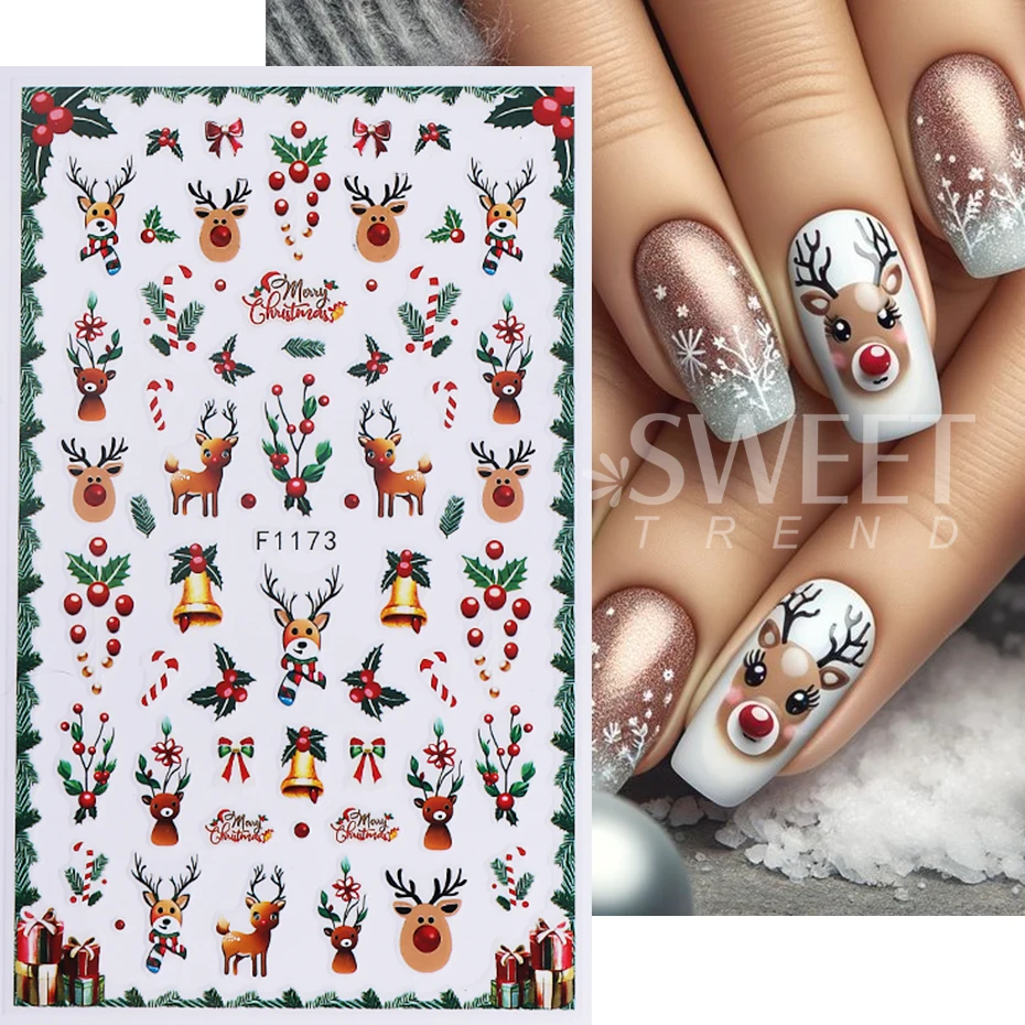 5pcs Christmas Nail Stickers 3D Cartoon Santa Claus Snowman Elk Xmas Tree Nail Slider Decals DIY Winter Gift Manicure Decoration
