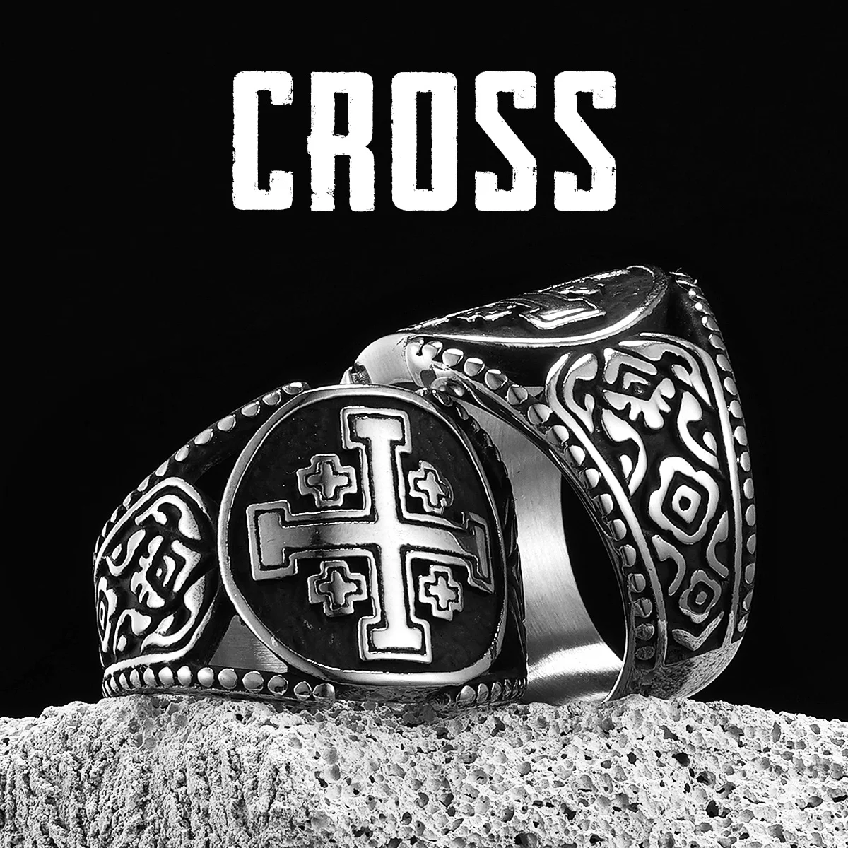 Jerusalem Crusader Cross Men Rings Stainless Steel Punk Rock