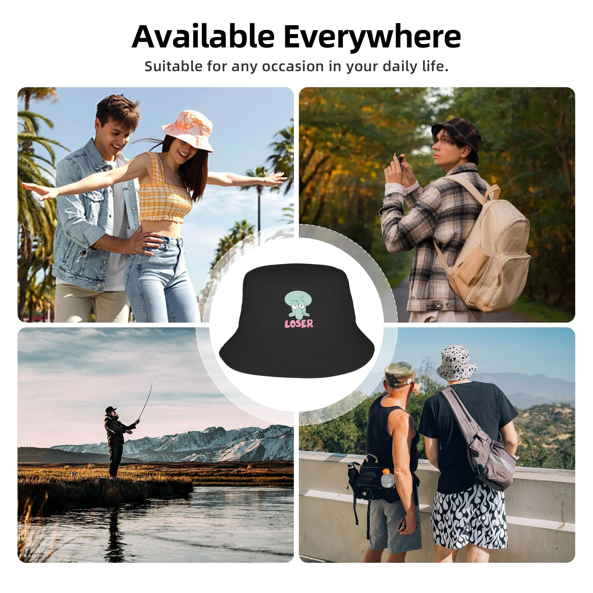 Spongebobs Bucket Hat Squidward Loser Outdoor Fisherman Caps Tragbare Jagd-Sonnenschutzhüte für Männer und Frauen, lustige Design-Kappe – Detail 8
