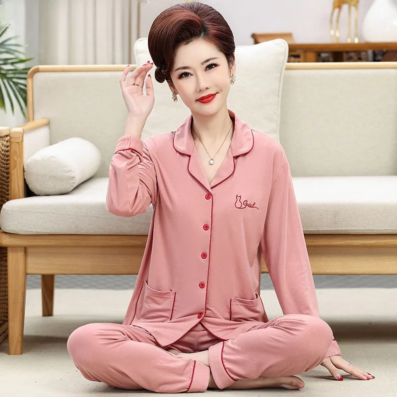 Modal Pajamas Spring Autumn Middle-Aged Mom Long Sleeve Loose Large Size Homewear Women Casual Simple Solid Color Sleepwear Suit fdfklak new pajamas women set fashion middle aged mother sleepwear long sleeve large size plaid cotton nightwear home suit