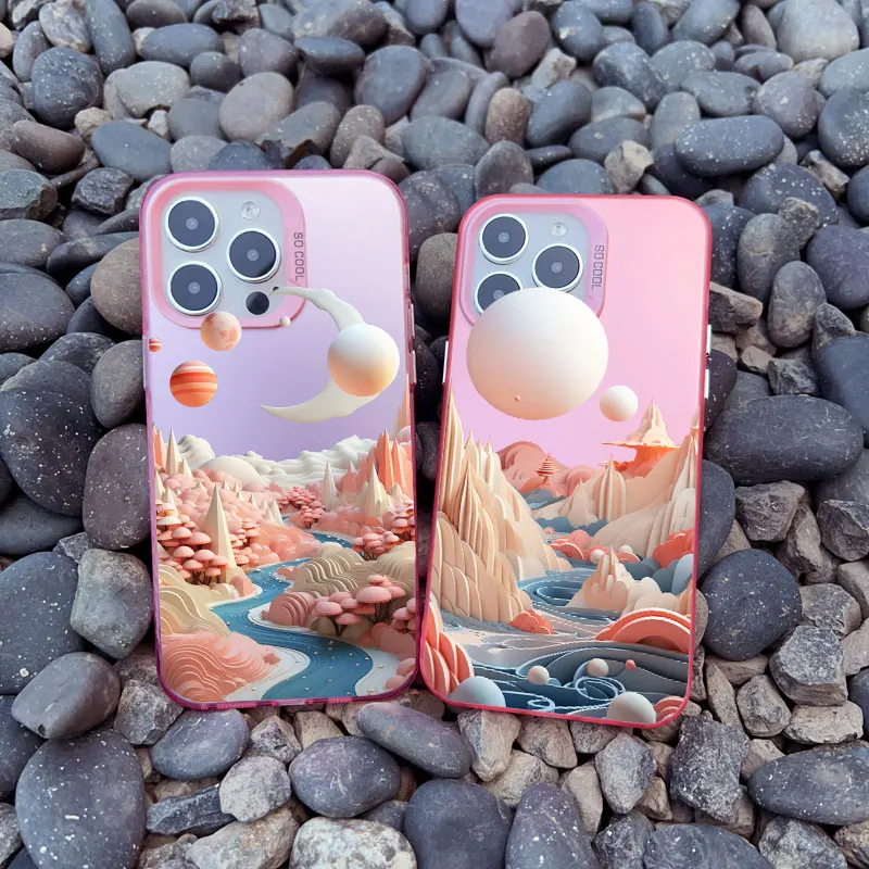 Creative Mountains Landscape Scenery Pink Shockproof Laser Phone Case