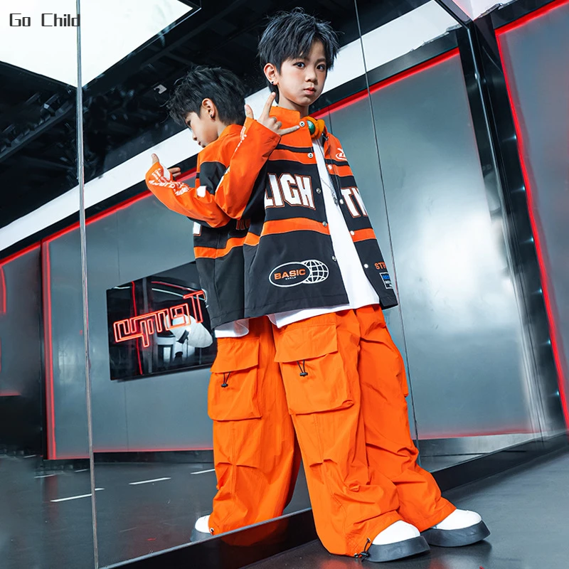 Boys Hip Hop Motorcycle Jacket Joggers Girls Crop Coat Street Dance Cargo Pants Sets Kids Jazz Costumes Child Teens Streetwear