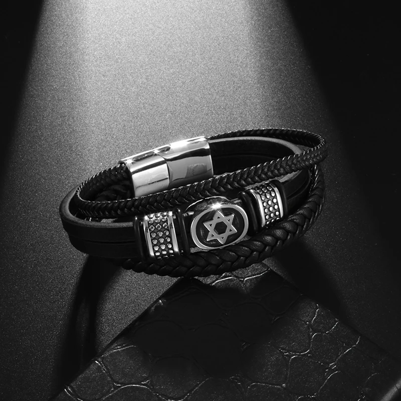 Leather Braided Bracelet Mens Fashion Stainless Steel Star of David Layered For Men Bracelet Ornament Fathers Day Gift
