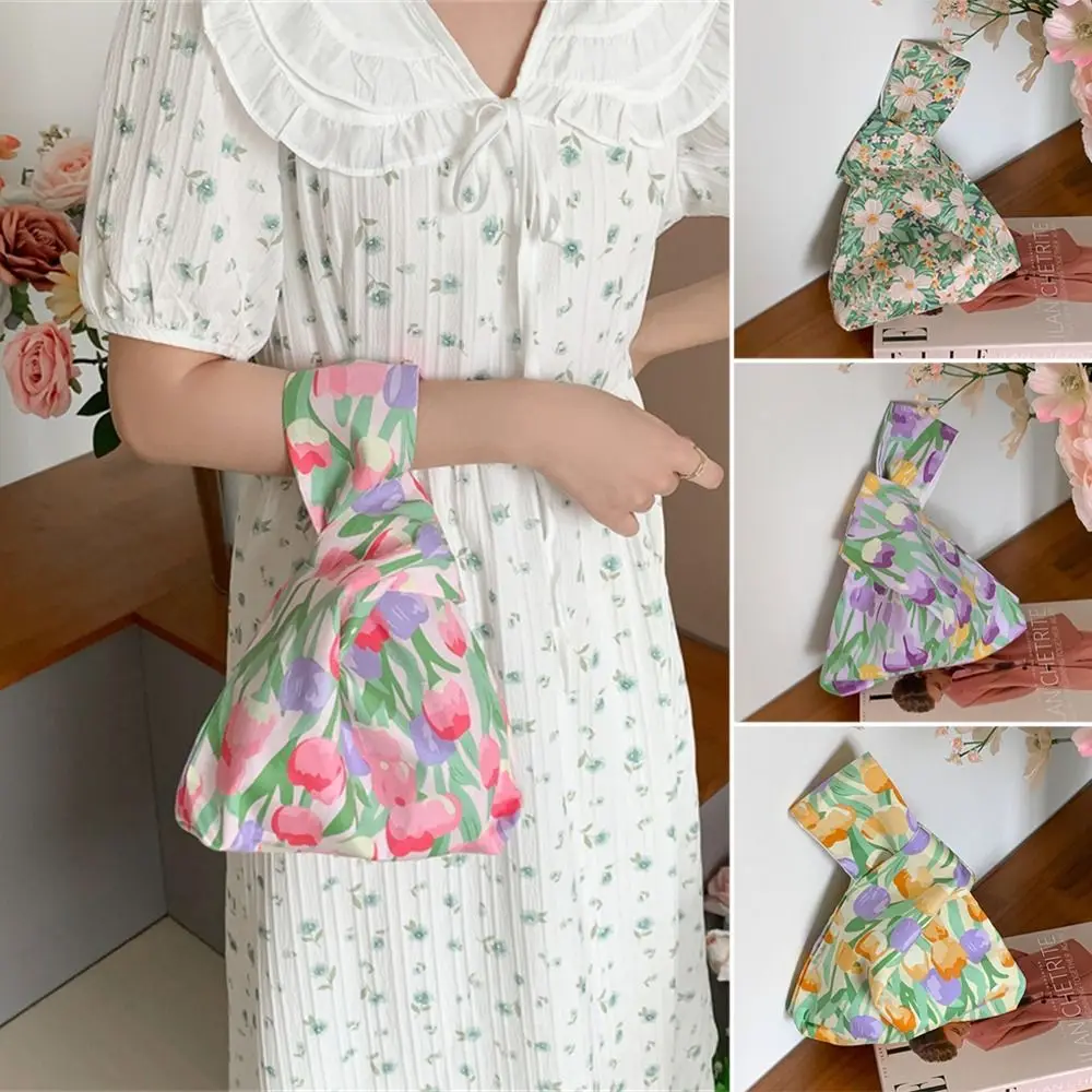 

Small Knot Wrist Bag Japanese Flower Pattern Cotton Coin Purse Shopping Bags Women Girls