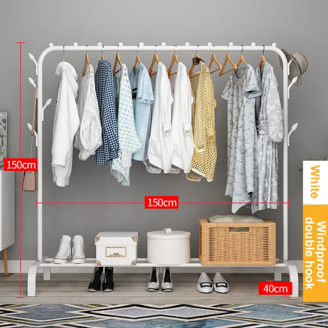 Garment Rack Free-standing Clothes Rack with Top Rod,Coat Rack Clothes, Hanger Wardrobe ,Clothes for Rack Lower Storage W-WoodproofHook150cm