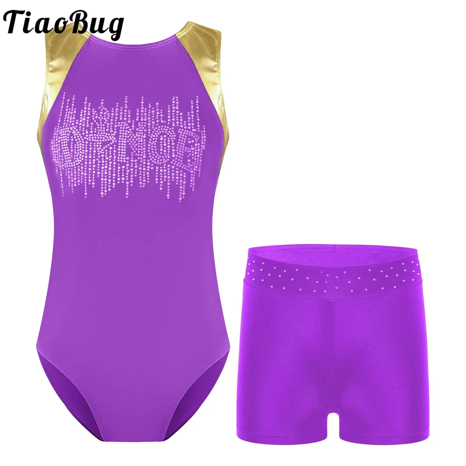 

TiaoBug Kids Girls 6 to 16 Years Jumpsuit Dance Set Sleeveless Rhinestones Patchwork Leotard with Shorts for Gymnastic Training