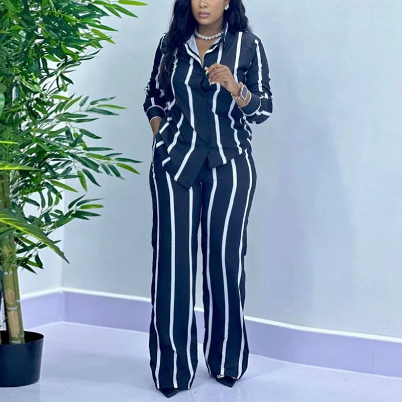 African Fashion Stripe Two Piece Set Women Summer Casual Button Long Sleeved Shirt Wide Leg Pants Two Piece Set Women