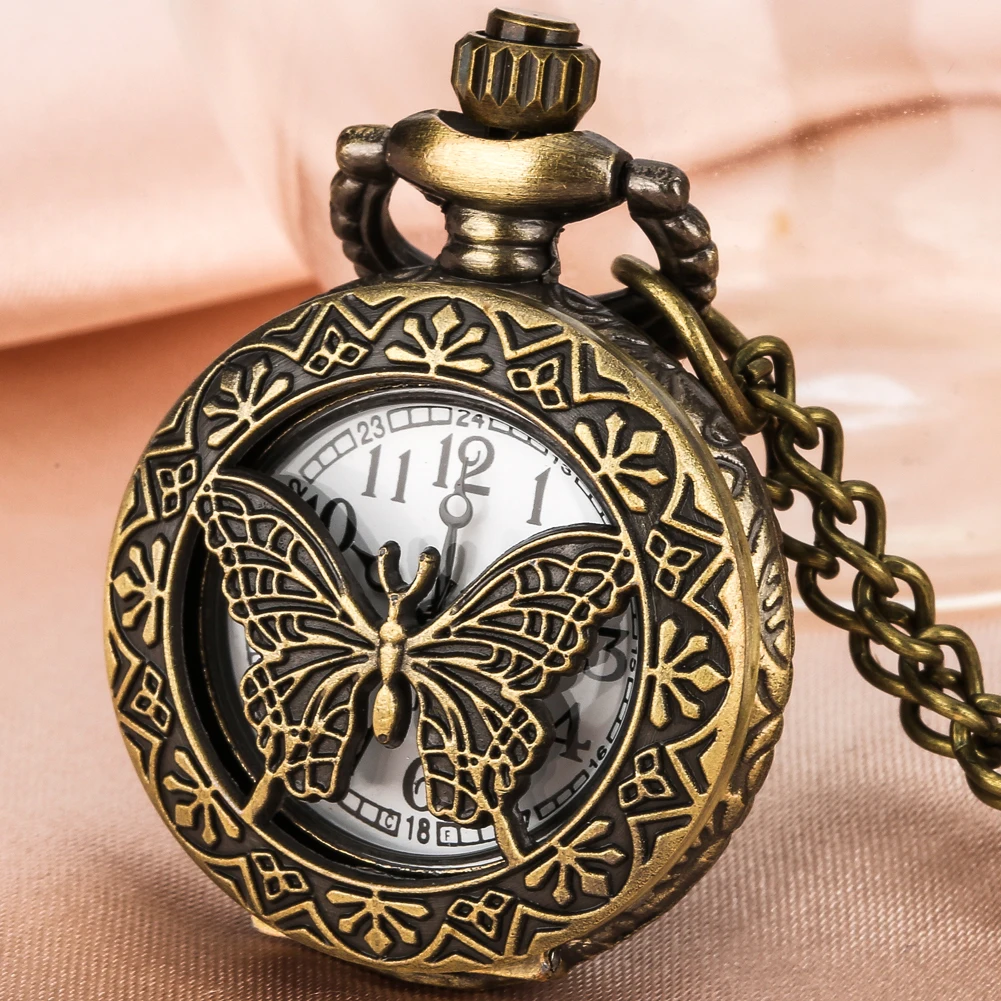 

Retro Bronze Hollow Butterfly Necklace Watch Elegant Stylish Pendant Clock Gifts Men Women Arabic Numeral Dial Mini Pocket Clock